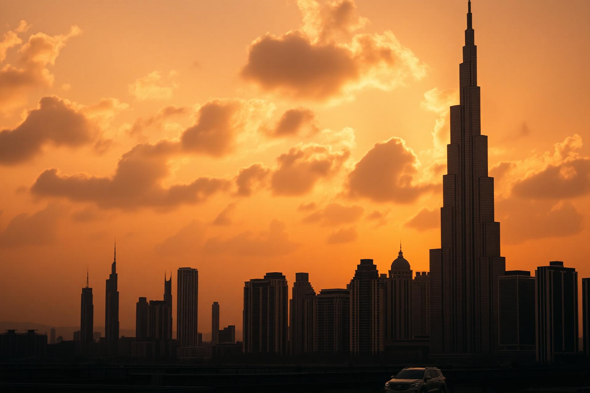 Dubai luxury skyline and waterfront at dusk